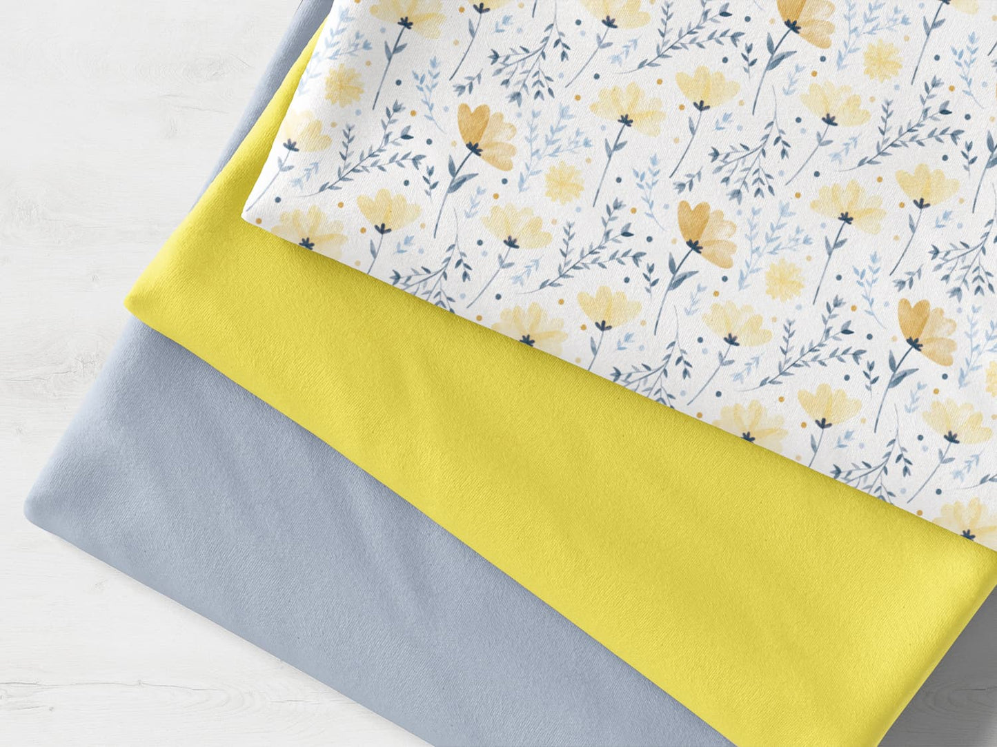 stoffpaket-stoff-jersey-baumwolle-baumwolljersey-buendchen-sommerbluemchen-blumen-gelb-sonnengelb-buendchenstoff-blassblau-2