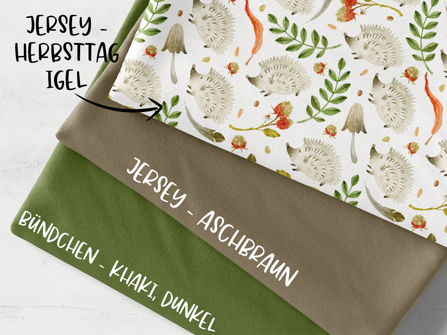 Stoffpaket - Herbsttag, Igel - khaki, dunkel mit Jersey-Stoffen in aschbraun und grün, ideal für kreative Projekte.