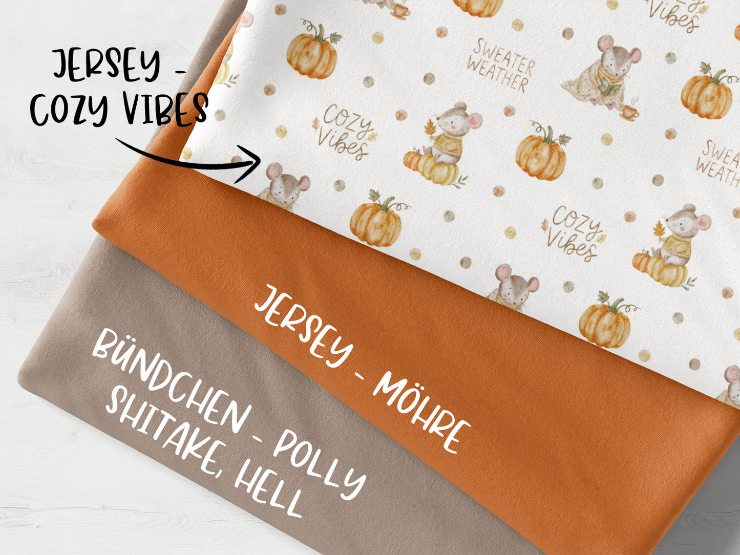 Stoffpaket Cozy Vibes mit Jersey und Bündchen Stoffen in shitake, hell. Cozy vibes fabric bundle.
