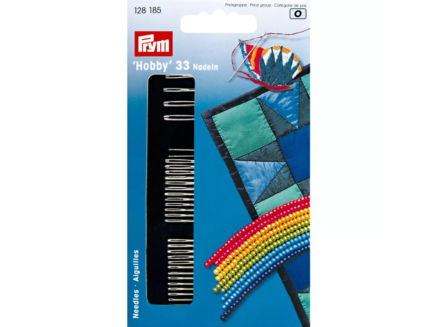 Prym needle case set with 33 assorted needles for sewing, embroidery, and darning in a colorful packaging.