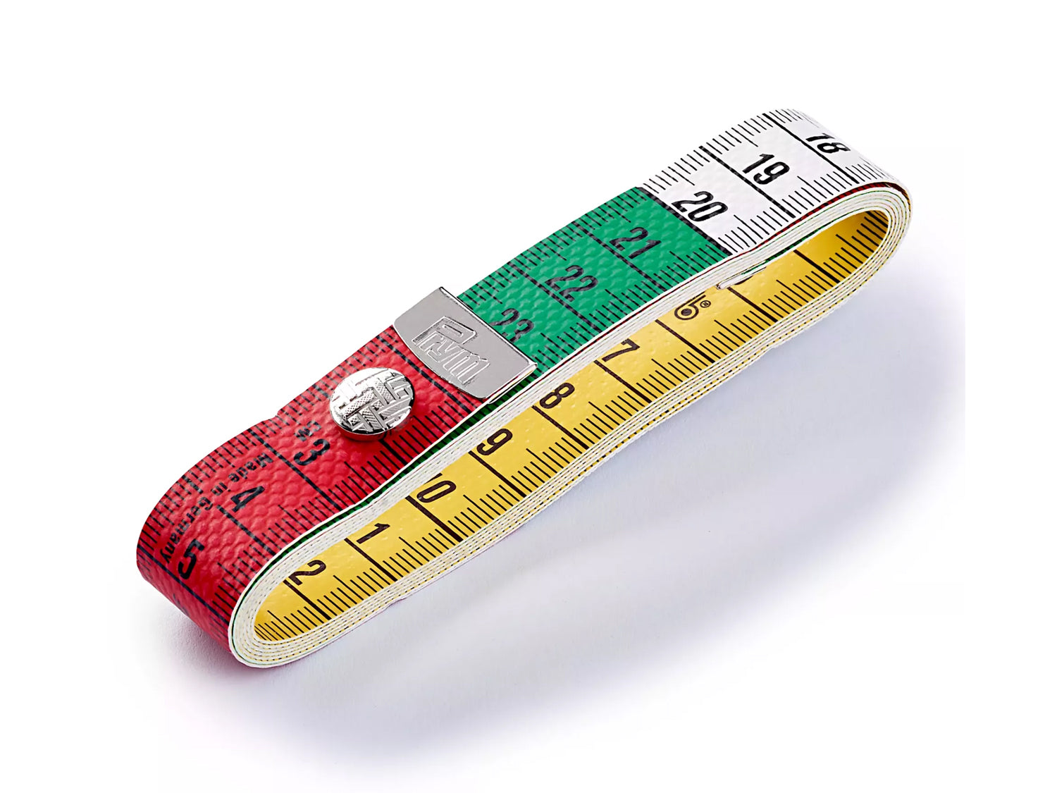 Prym Color Plus Maßband 150 cm in rotem, grünem und gelbem Design mit Druckknopf und robusten Metallfassungen.