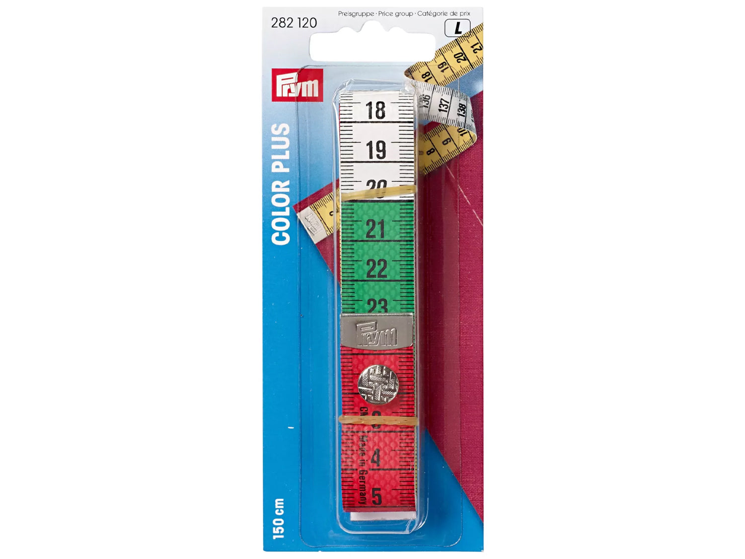 Prym Color Plus Maßband 150 cm mit farbig unterteilter Skala und Druckknopf für präzises Messen.
