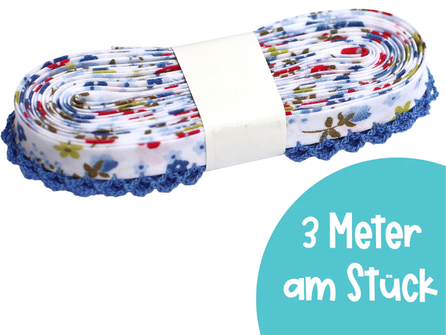 blaues Schrägband mit Häkelborte - 3 Meter am Stück, ideal für Nähprojekte, verziert mit bunten Blumenmuster.