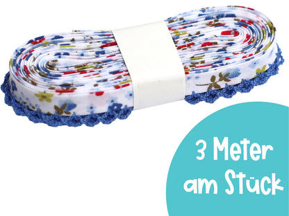 blaues Schrägband mit Häkelborte - 3 Meter am Stück, ideal für Nähprojekte, verziert mit bunten Blumenmuster.