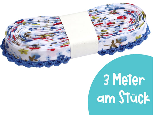 blaues Schrägband mit Häkelborte - 3 Meter am Stück, ideal für Nähprojekte, verziert mit bunten Blumenmuster.