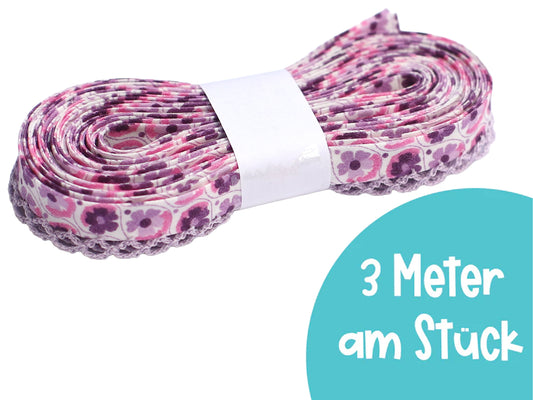 3m Schrägband mit Häkelborte - Floral - flieder