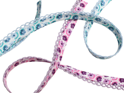 3m Schrägband mit Häkelborte - Floral - hellblau