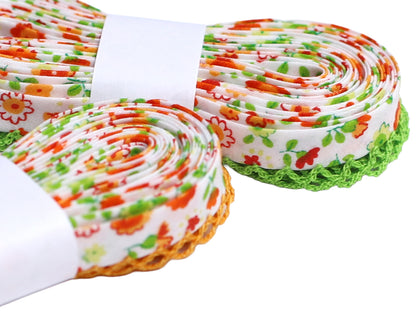 3m hellgrün schrägband häkelborte mit floralen Motiven und Häkelkante.