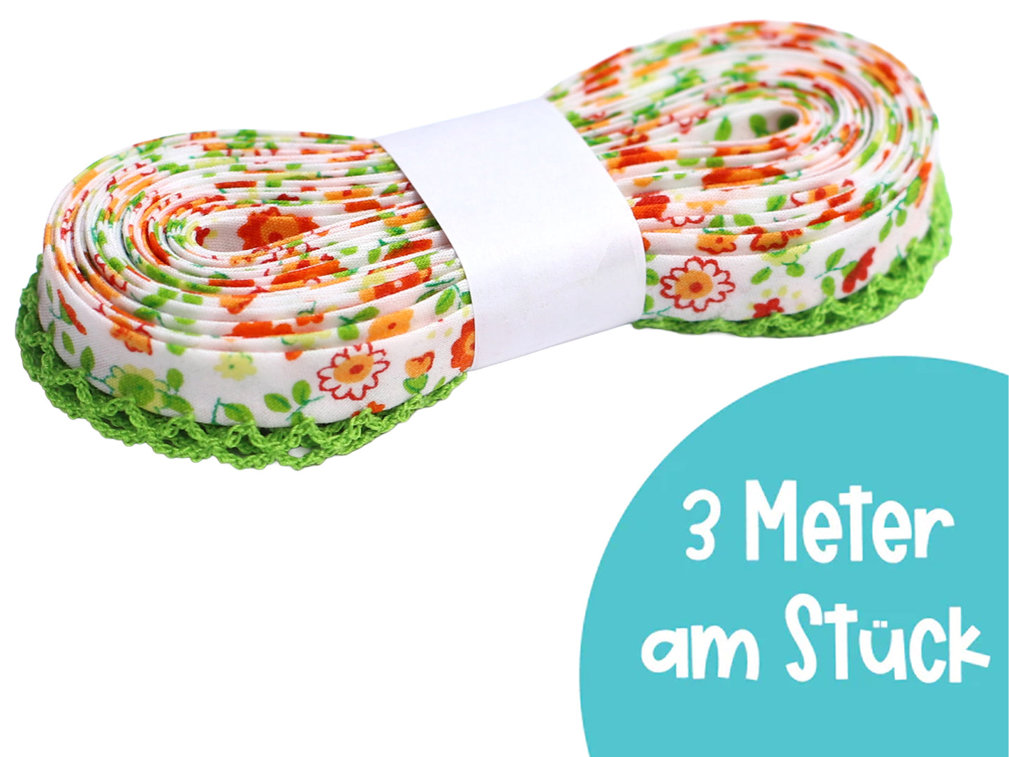 3m hellgrün schrägband häkelborte mit Blumenmuster, ideal für Nähprojekte, 3 Meter am Stück.