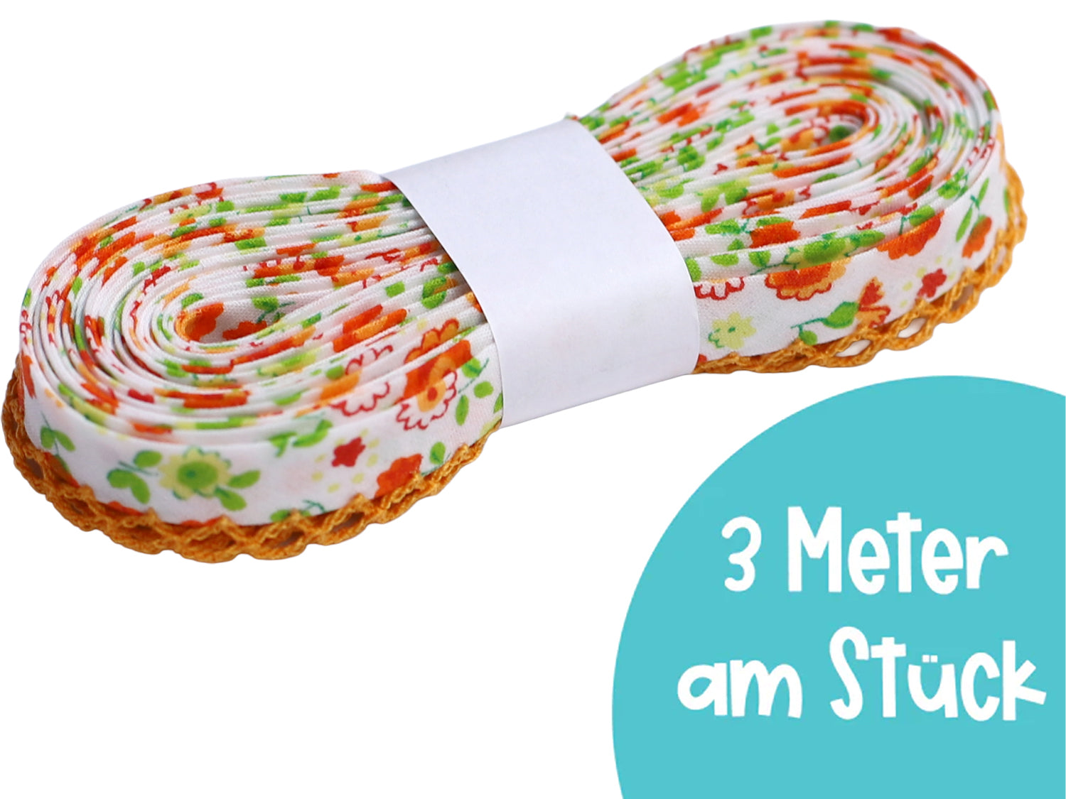 hellorange Schrägband mit Häkelborte - 3 Meter am Stück, ideal für Nähprojekte und Dekoration.