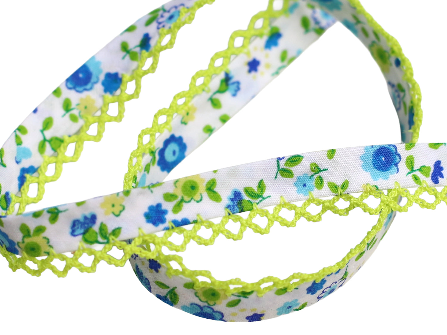 lemon flower bias tape with lace featuring blue and green floral patterns and contrasting lime green lace trim