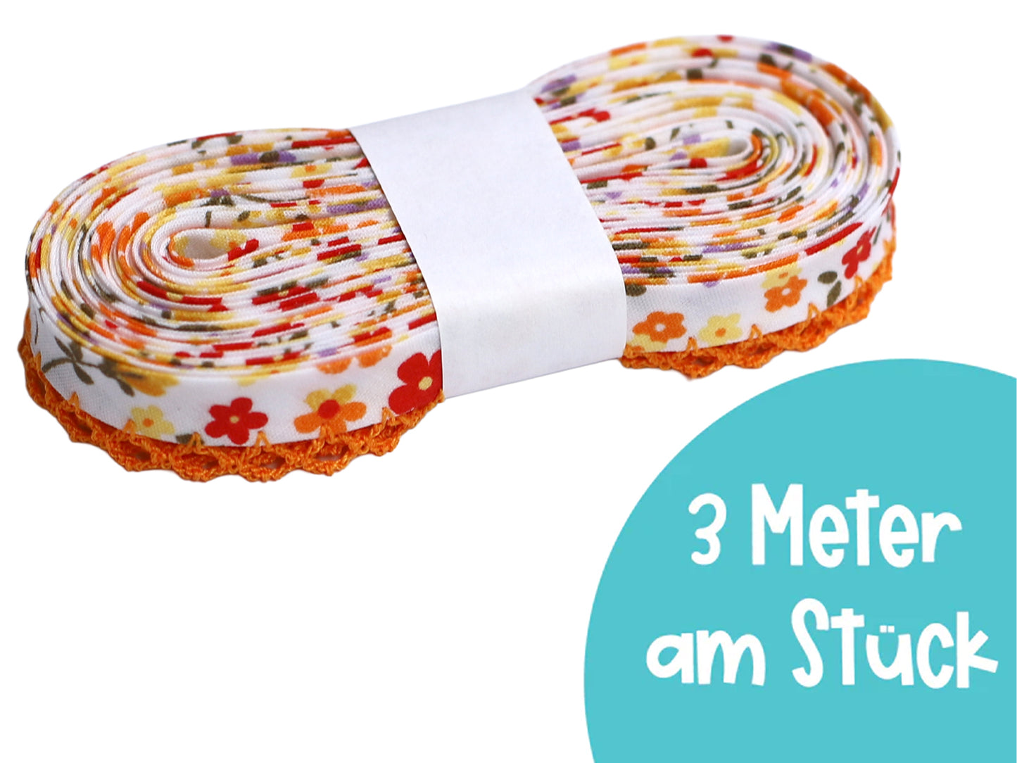 3m orange bias tape with lace trim - colorful floral design on a roll, ideal for sewing projects.