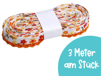 3m orange bias tape with lace trim - colorful floral design on a roll, ideal for sewing projects.