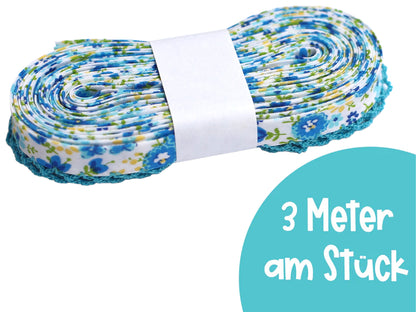 3m Schrägband mit Häkelborte - Blumen - aqua, ideal für kreative Nähprojekte, aqua floral bias tape with lace