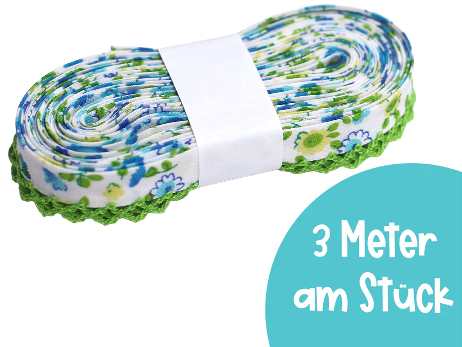 hellgrün schrägband mit häkelborte - 3m am Stück, Blumenmuster auf hellgrünem Hintergrund zur Verschönerung von Nähprojekten.