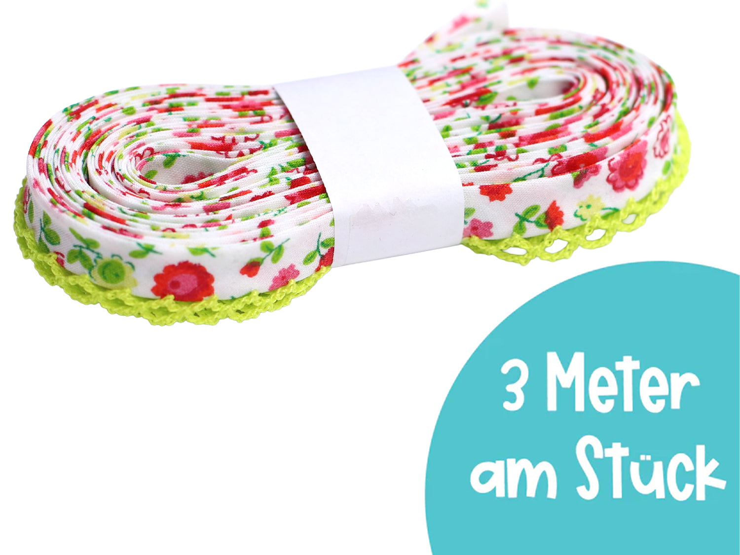 pink floral bias tape with lace trim - 3 meters of fabric ribbon for sewing projects
