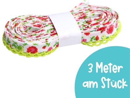 pink floral bias tape with lace trim - 3 meters of fabric ribbon for sewing projects