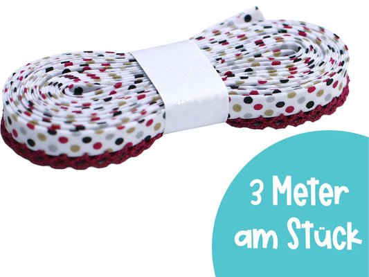 3m Schrägband mit Häkelborte - Herbst Punkte - pinke beere
