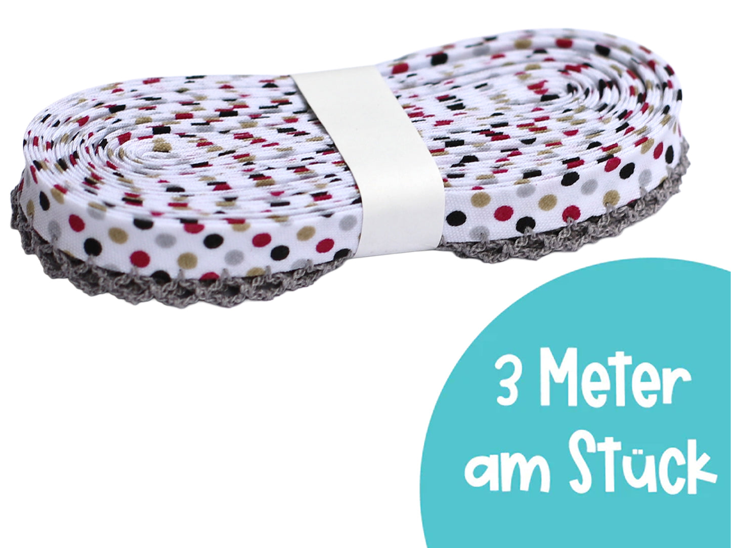 3m Schrägband mit Häkelborte - Herbst Punkte - grau