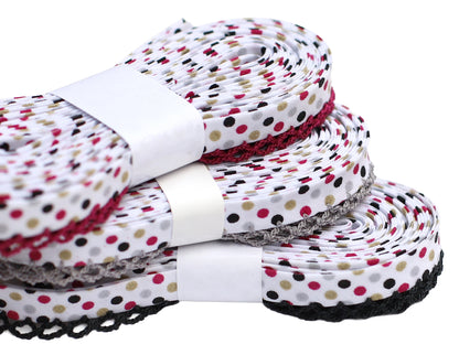 3m Schrägband mit Häkelborte - Herbst Punkte - schwarz