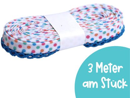 3m Schrägband mit Häkelborte - Bunte Punkte - türkis