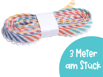 3m Schrägband mit Häkelborte - Bunte Streifen - weiß