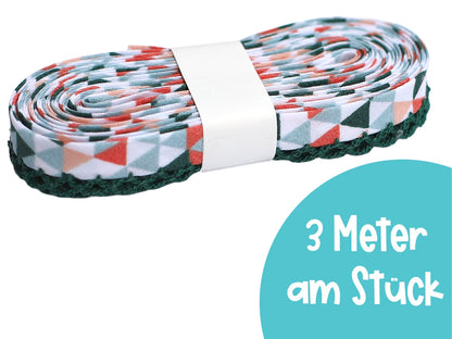 3m Schrägband mit Häkelborte - Dreiecke - dunkelgrün