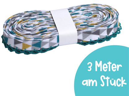 3m Schrägband mit Häkelborte - Dreiecke - hellpetrol
