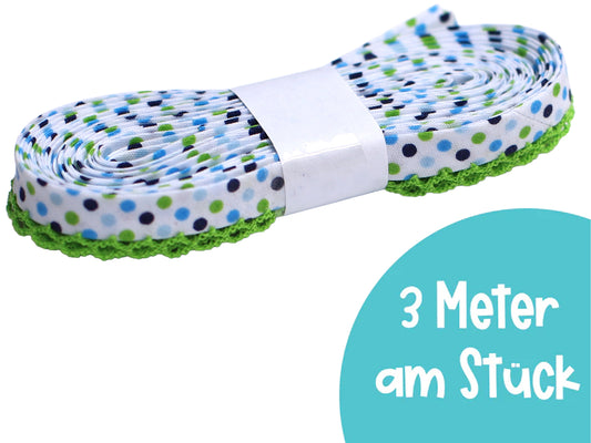 3m Schrägband mit Häkelborte - Frühling Punkte - hellgrün