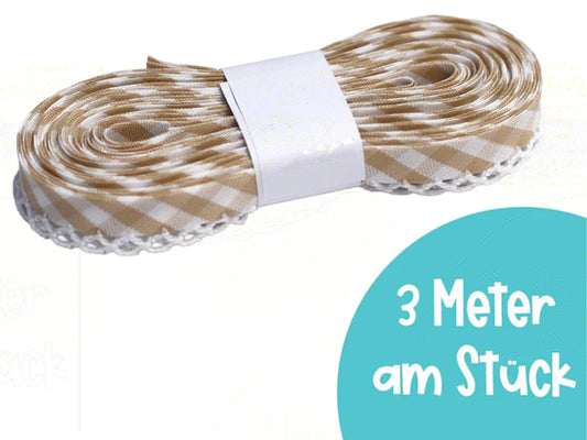 3m Schrägband mit Häkelborte - Kariert - beige