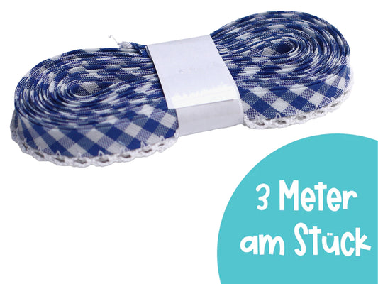 3m Schrägband mit Häkelborte - Kariert - blau