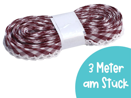 3m Schrägband mit Häkelborte - Kariert - bordeaux
