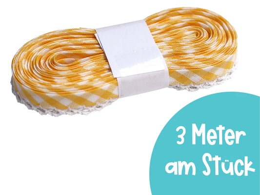 3m Schrägband mit Häkelborte - Kariert - gelb