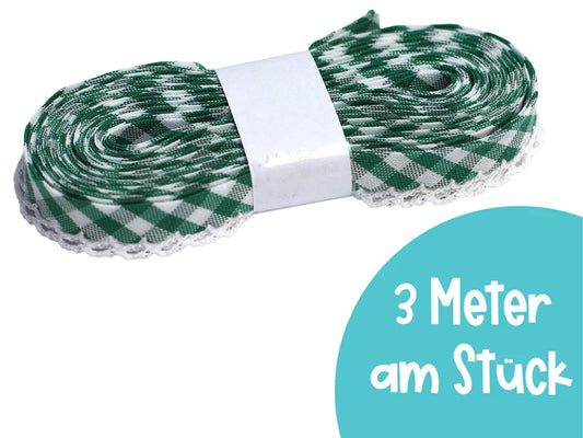 3m Schrägband mit Häkelborte - Kariert - grün