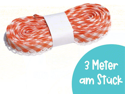 3m Schrägband mit Häkelborte - Kariert - orange