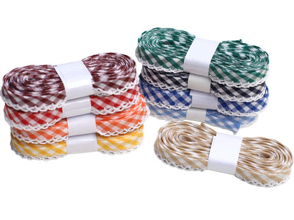 3m Schrägband mit Häkelborte - Kariert - bordeaux