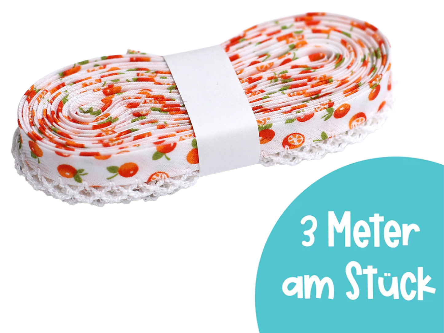 3m Schrägband mit Häkelborte - Orangen - weiß
