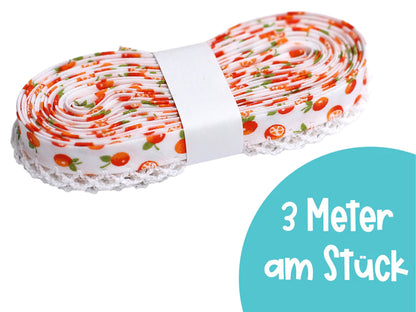 3m Schrägband mit Häkelborte - Orangen - weiß