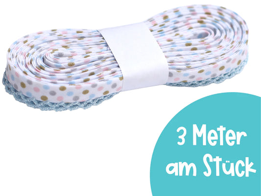 3m Schrägband mit Häkelborte - Pastell Punkte - hellblau