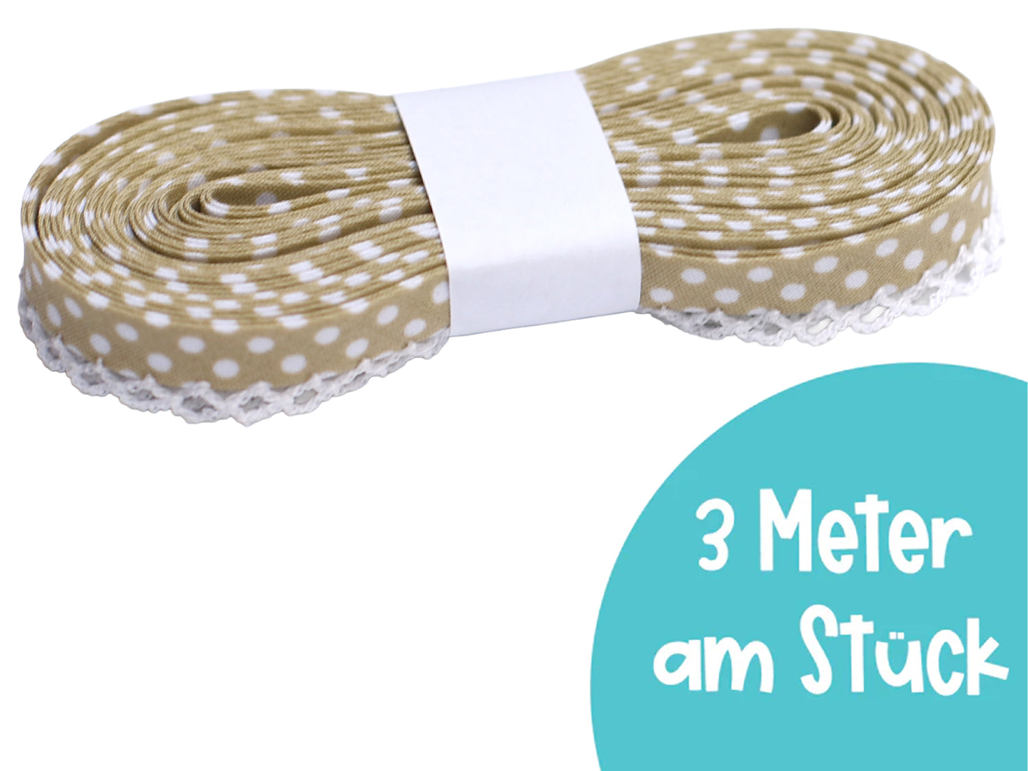 beige points bias tape with lace - 3m roll with white dots and lace edge for sewing projects