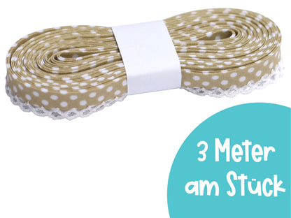 beige points bias tape with lace - 3m roll with white dots and lace edge for sewing projects