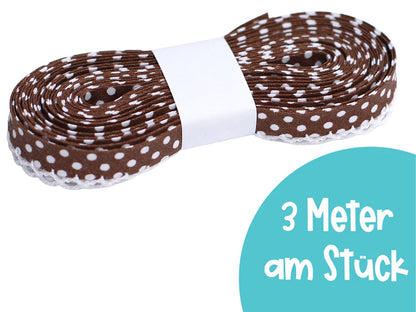 braun schrägband mit häkelborte – 3 Meter am Stück, gestreift mit Punkten, ideal für Nähprojekte.
