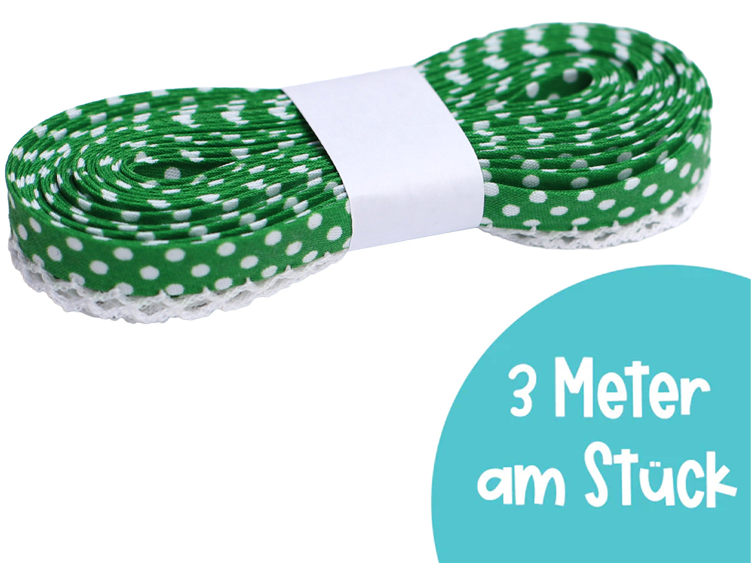 3m schrägband mit häkelborte - grün mit Punkten, ideal für Nähprojekte, 9mm, waschbar bis 30 Grad.