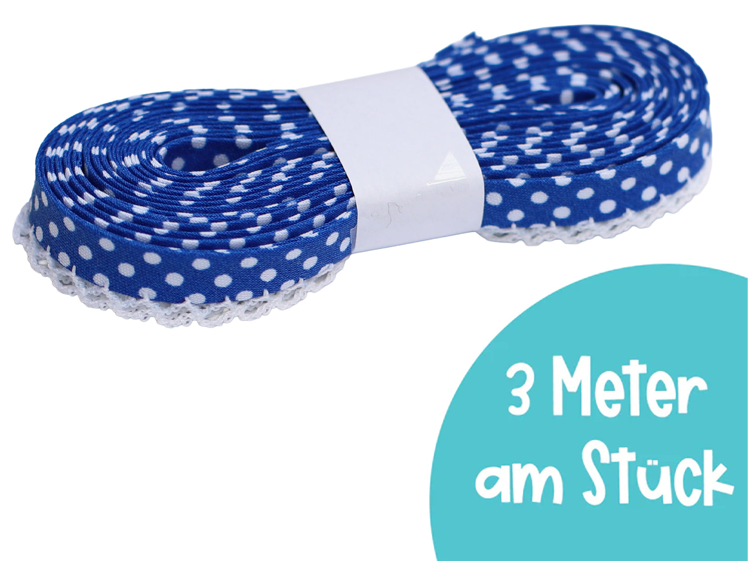 3m Schrägband mit Häkelborte - Punkte - royalblau auf Rolle, ideal für Nähprojekte.
