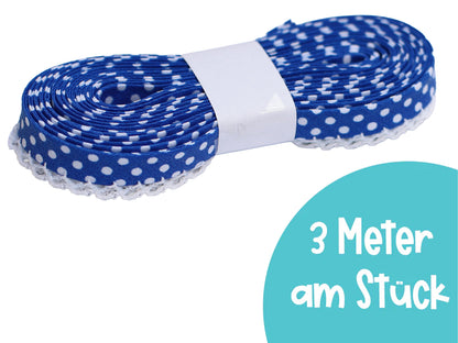 3m Schrägband mit Häkelborte - Punkte - royalblau auf Rolle, ideal für Nähprojekte.