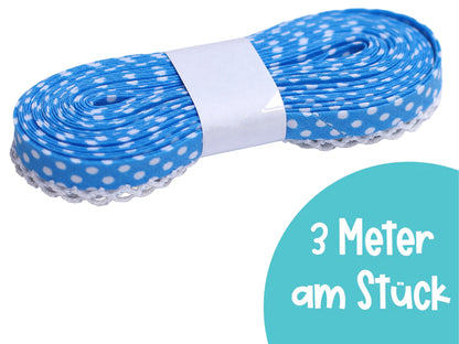 3m türkis schrägband mit häkelborte - Punkte - ideal für Nähprojekte, mit feiner Häkelborte, 50% Baumwolle, 50% Polyester