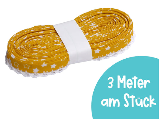 3m Schrägband mit Häkelborte - Sterne - gelb