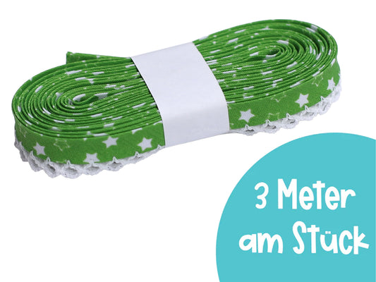 3m Schrägband mit Häkelborte - Sterne - grün