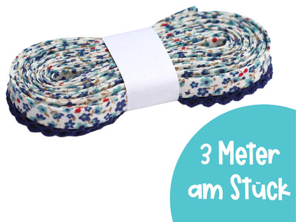 3m Schrägband mit Häkelborte - Streublümchen - marine, ideal für kreative Nähprojekte - marine häkelborte schrägband.