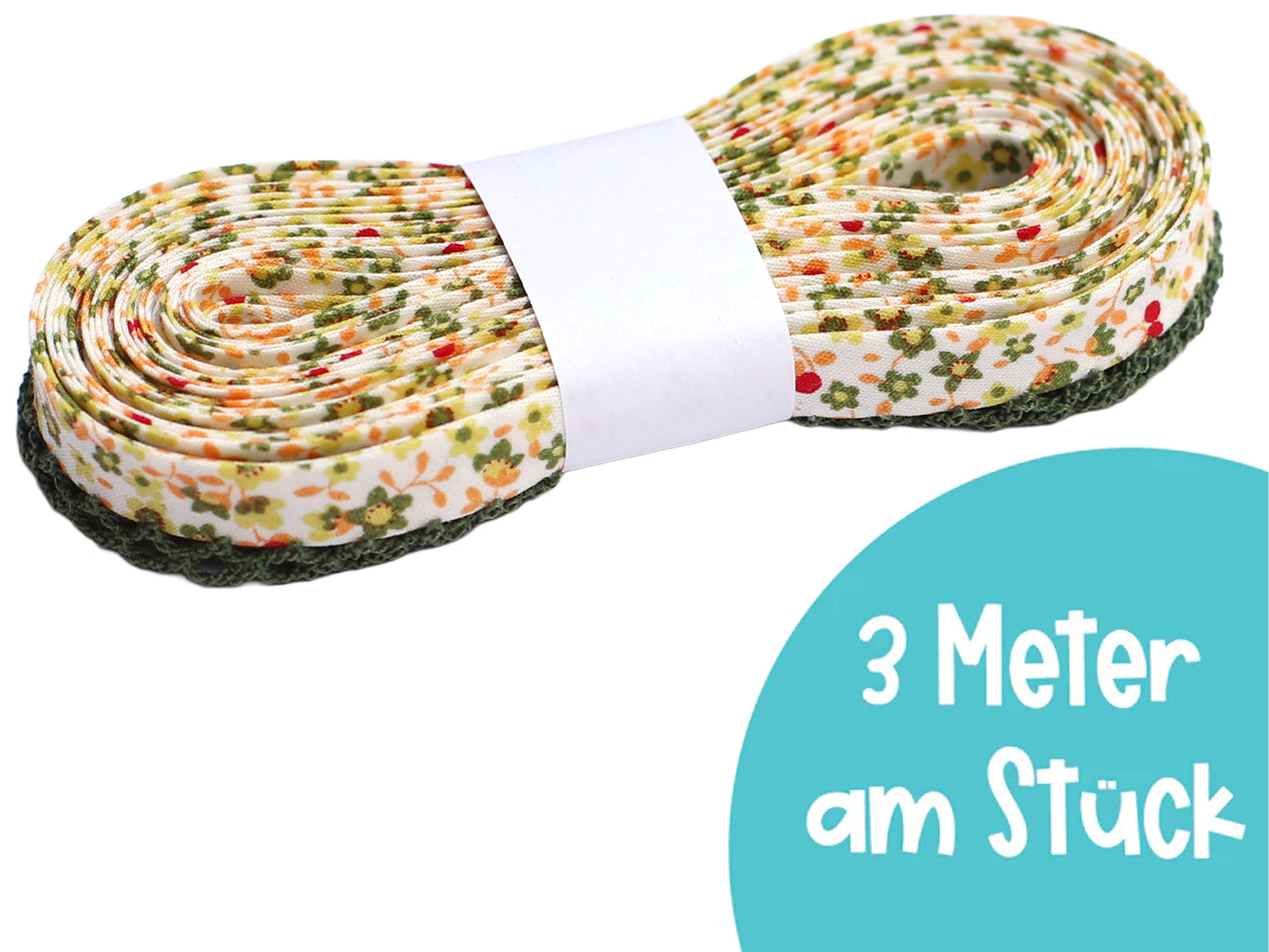 Oliv schrägband mit häkelborte, 3m Stück, ideal für kreative Nähprojekte und Details.